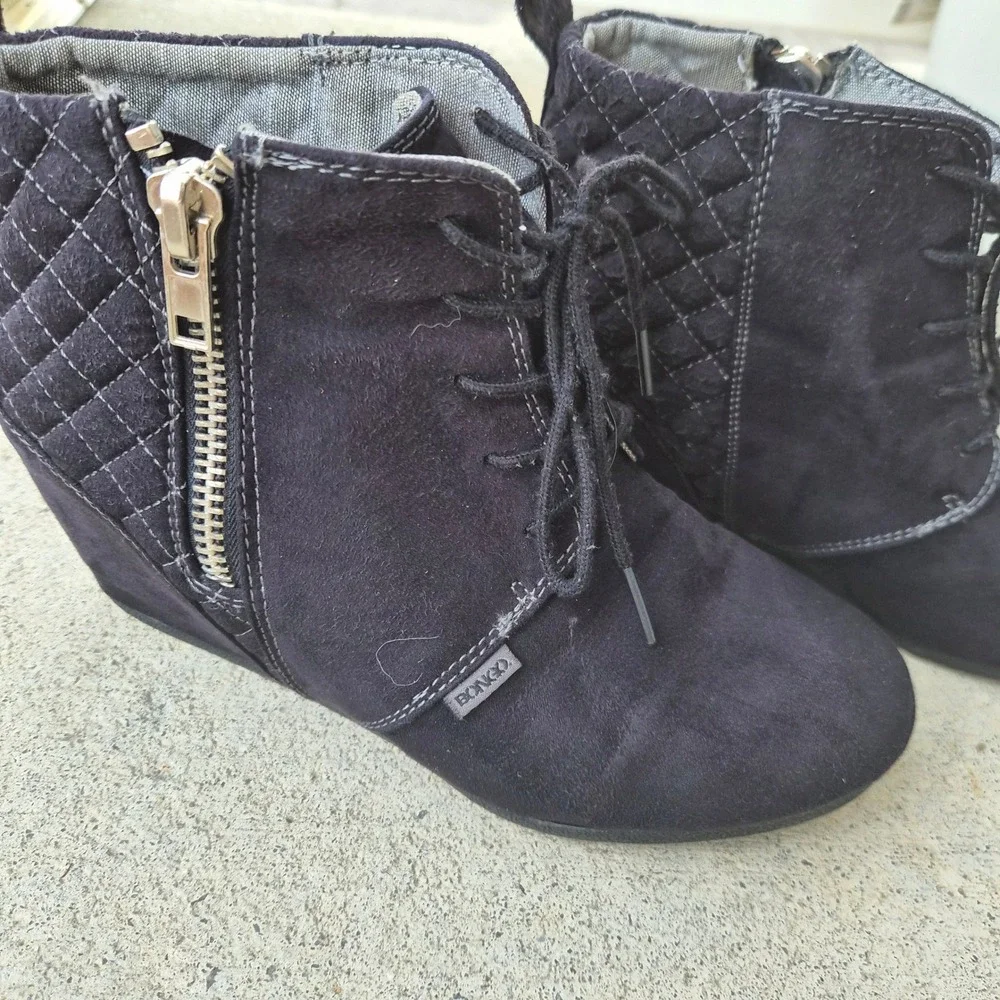 Bongo Kedzie Women Black Wedge Ankle Boots Quilted Lace Up Side Zip 8M Boho Punk